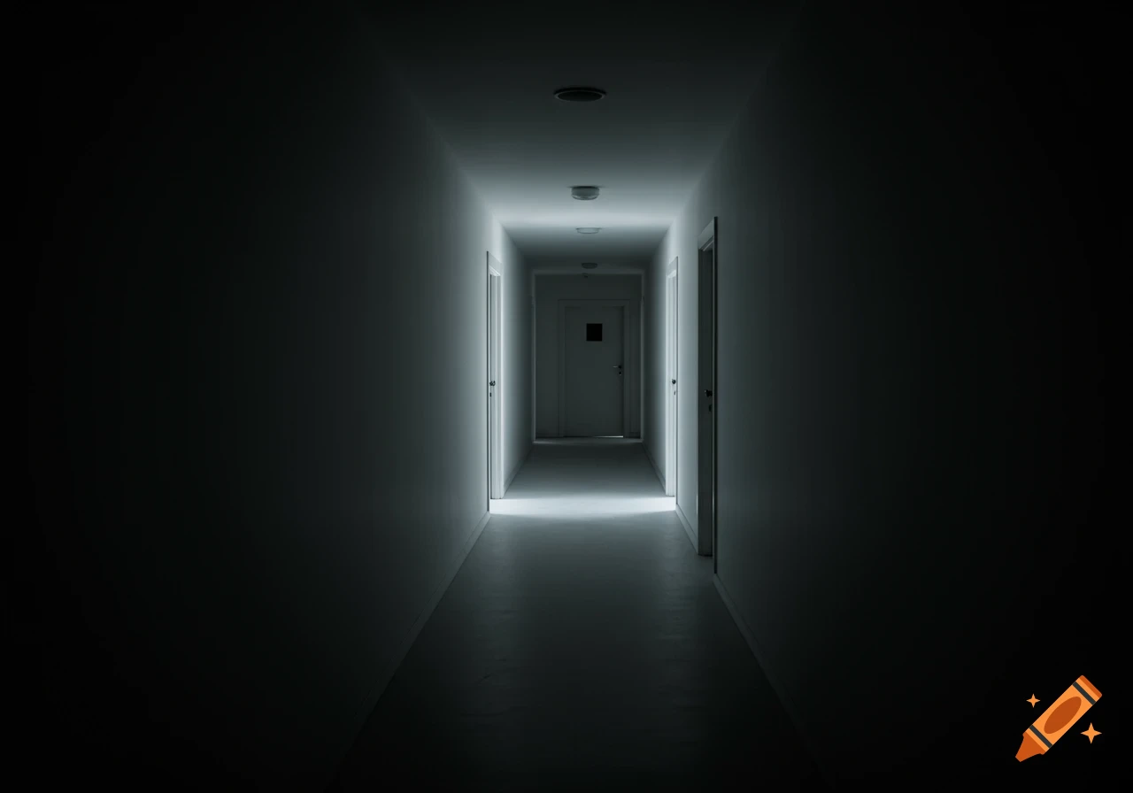 A long, dark, and empty hallway illuminated by a bright light source at the far end, revealing multiple closed doors along the walls.