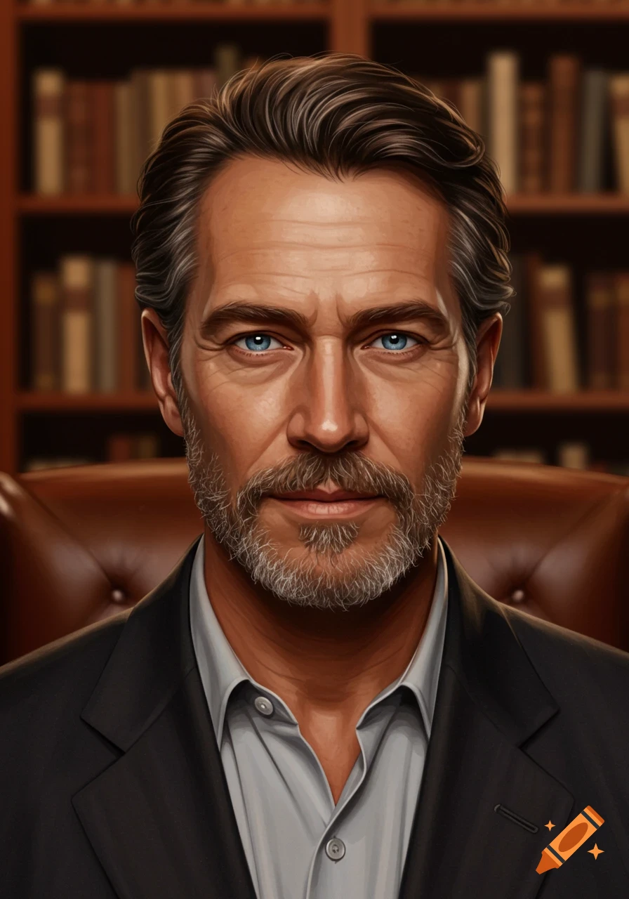 Digital art portrait of a middle-aged man with blue eyes, a beard, and dark, greying hair, wearing a suit in front of a bookshelf.