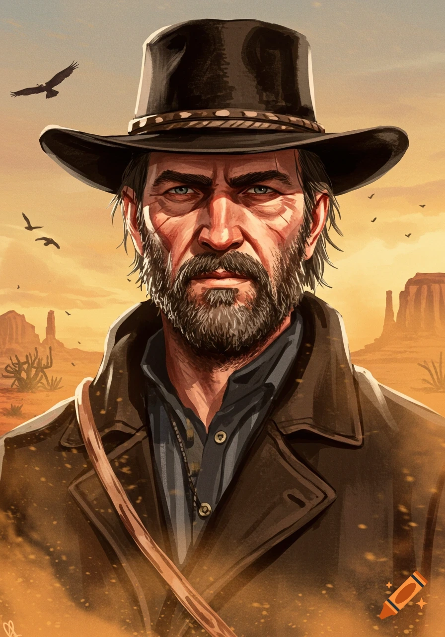 A rugged man with a beard and cowboy hat, in a stylized illustration against an orange desert sky.