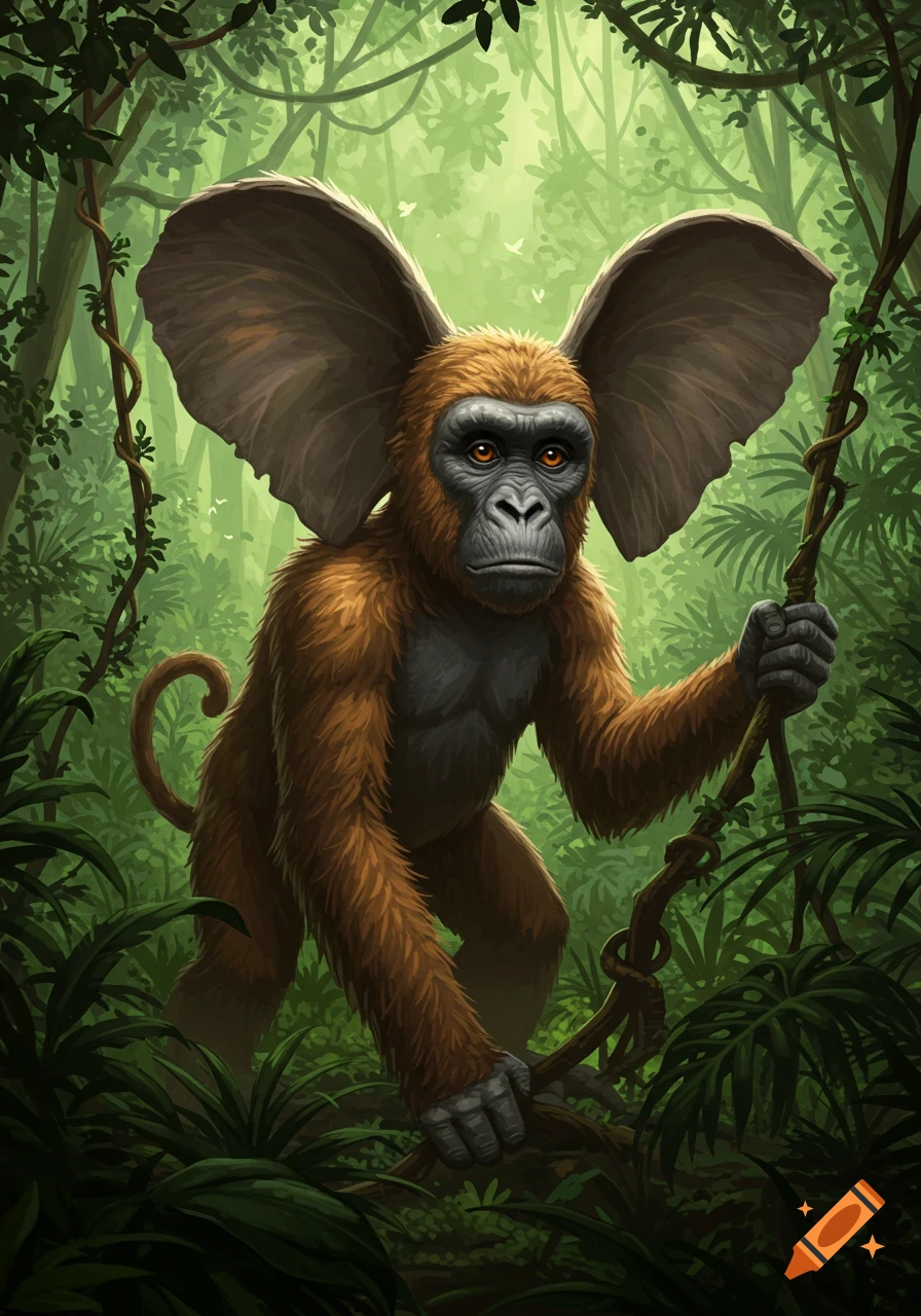 Illustration of a brown monkey with a gorilla face and large elephant ears in a lush jungle.