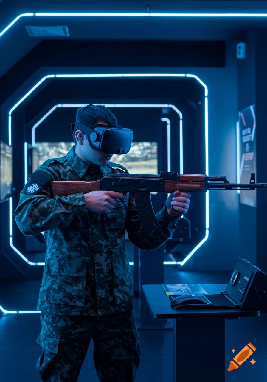 A man in camouflage uniform and a VR headset holds an AK-47 style training rifle in a neon-lit digital shooting simulator hall.