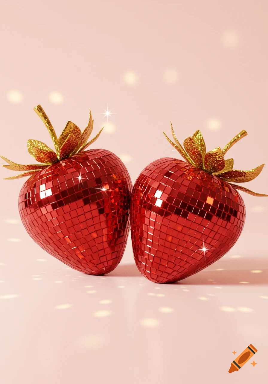 Two red disco ball strawberries with gold leaves on a pink background, casting sparkling light reflections.