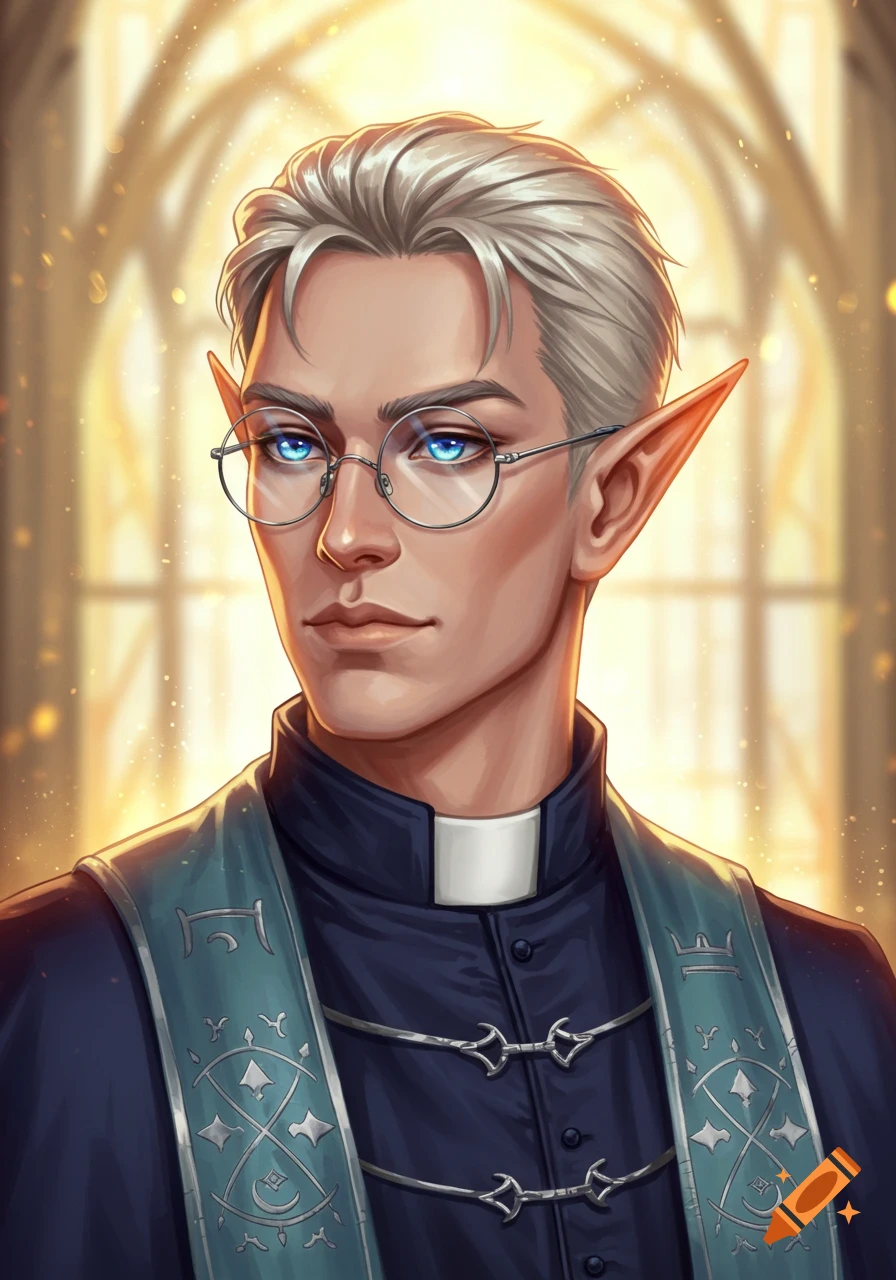 Digital portrait of a white-haired male elf cleric with glowing blue eyes, glasses, and pointy ears, wearing a clerical collar.