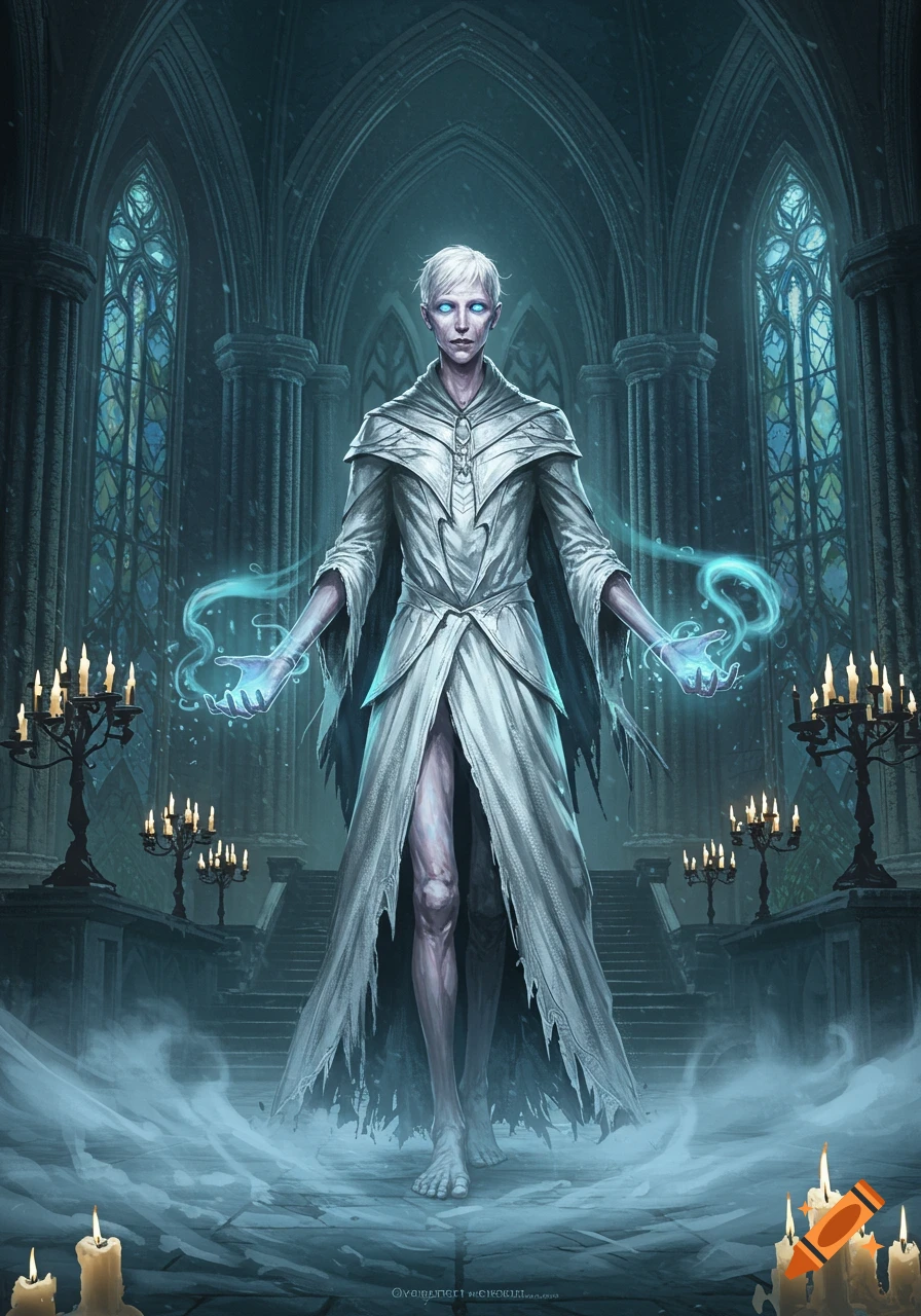 A pale, white-haired character in a tattered white robe, hands glowing with blue magic, stands in a misty, dark gothic cathedral.