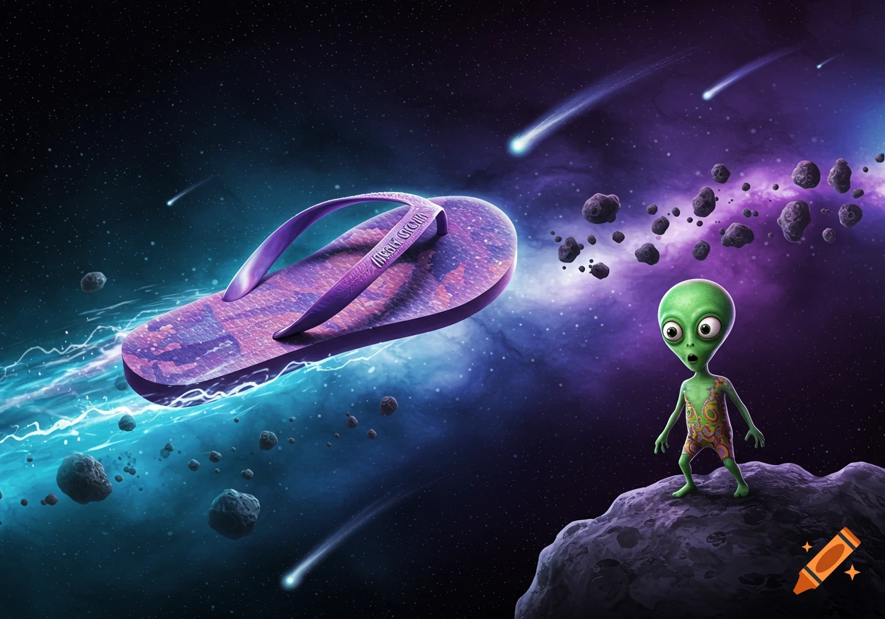 A cartoon green alien on an asteroid looks surprised as a purple flip-flop speeds through space, past meteors and nebulae.
