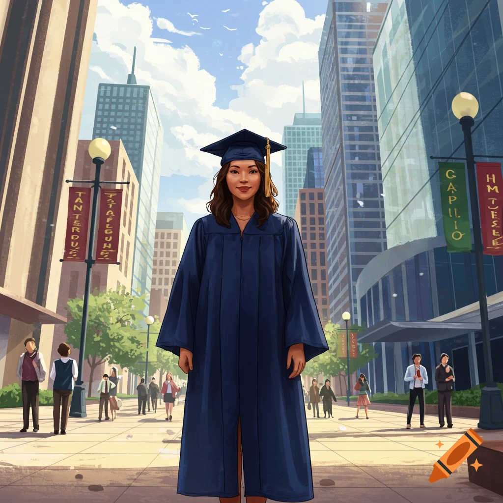 An illustration of a young female college graduate in a dark blue gown standing on a city street.