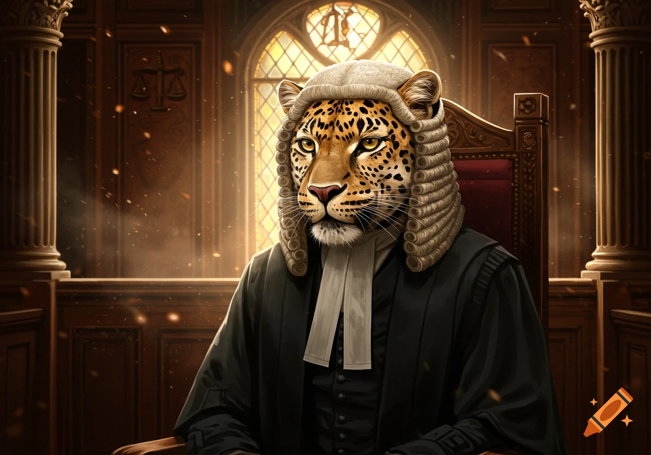 A majestic leopard in a judge's wig and gown sits in a grand courtroom, bathed in golden light.