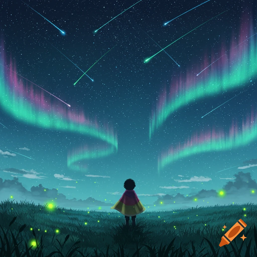 Stylized illustration of a child in a field gazing at a starry night sky with vibrant aurora, shooting stars, and glowing fireflies.
