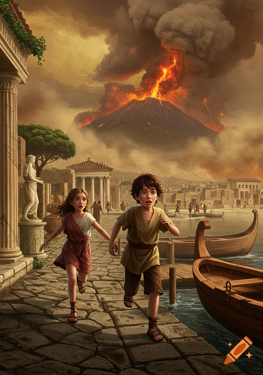 Illustrated image of a boy and girl running in terror from an erupting volcano over an ancient city by the sea.