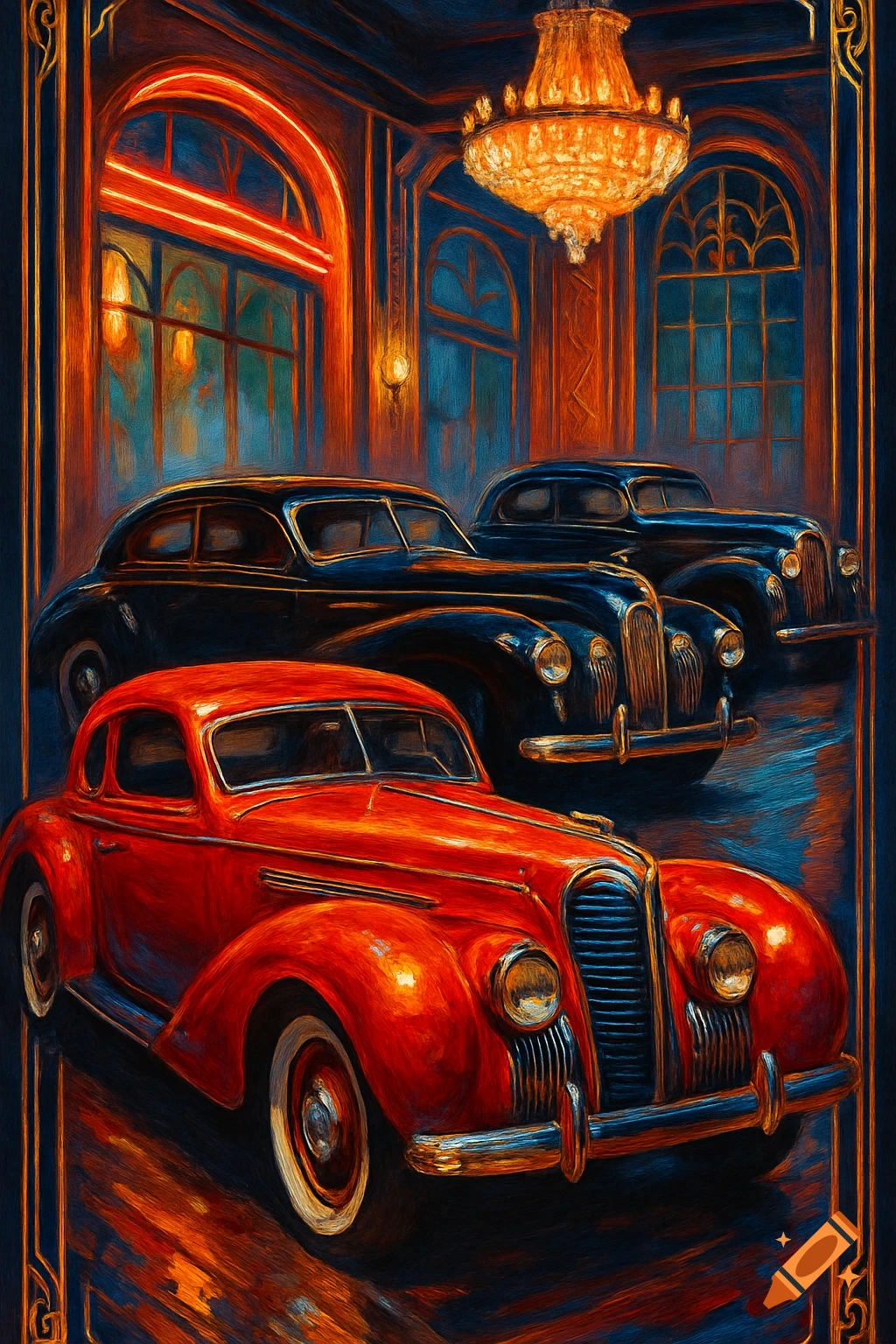 Oil painting of a red classic car in the foreground with two dark classic cars behind it, in a luxurious hall with chandeliers and windows.