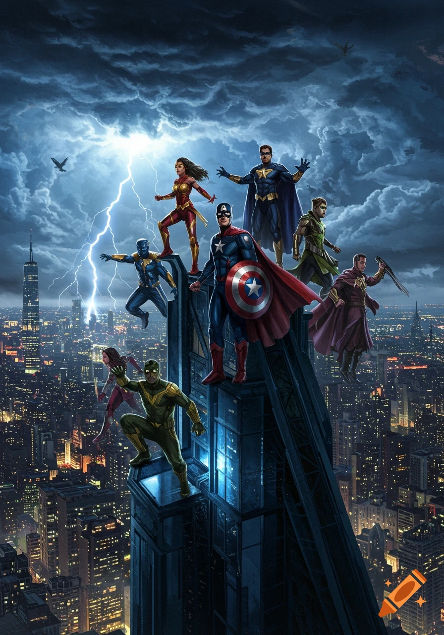 A diverse group of superheroes stands heroically atop a skyscraper in a stormy night city with lightning.
