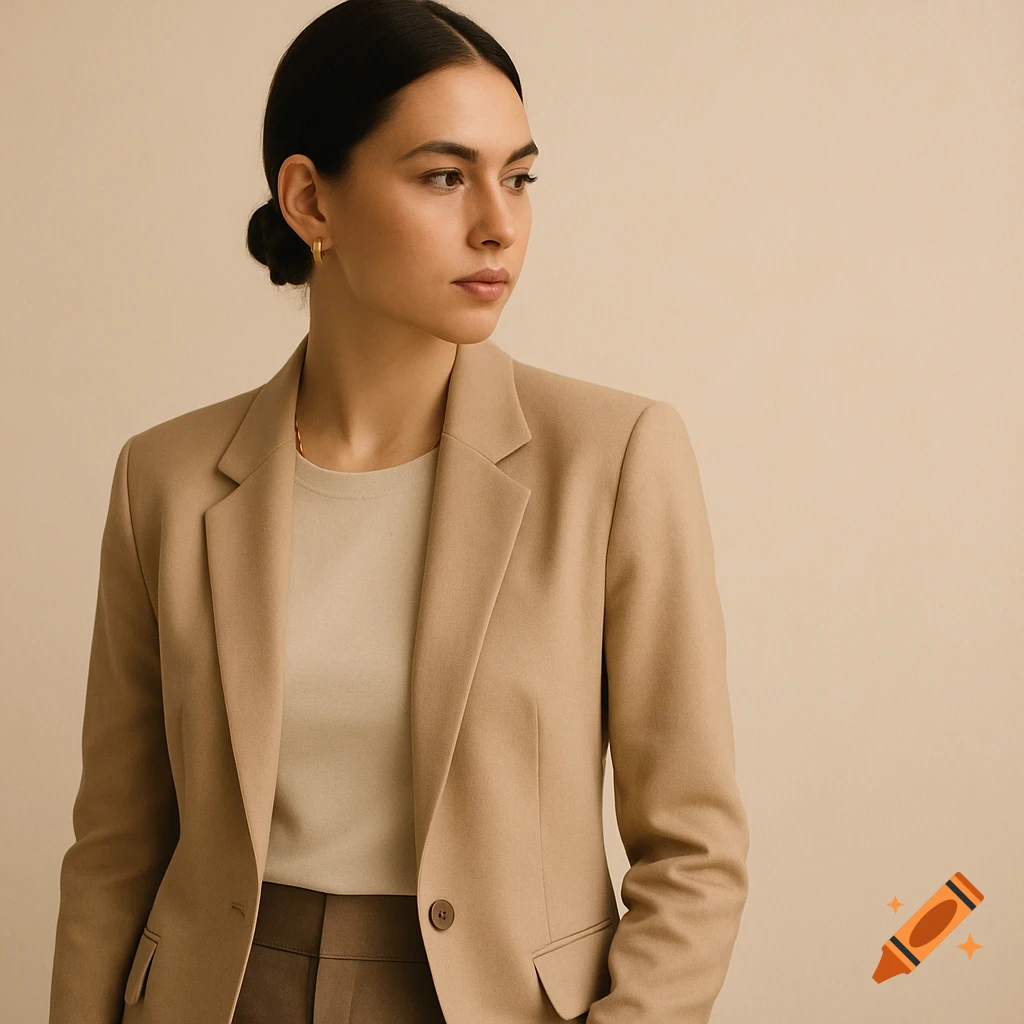 Photorealistic half-body portrait of a young woman in a beige blazer and ecru top, looking left.
