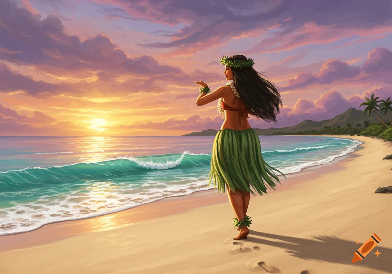 An illustration of a hula dancer in a grass skirt on a tropical beach at sunset.