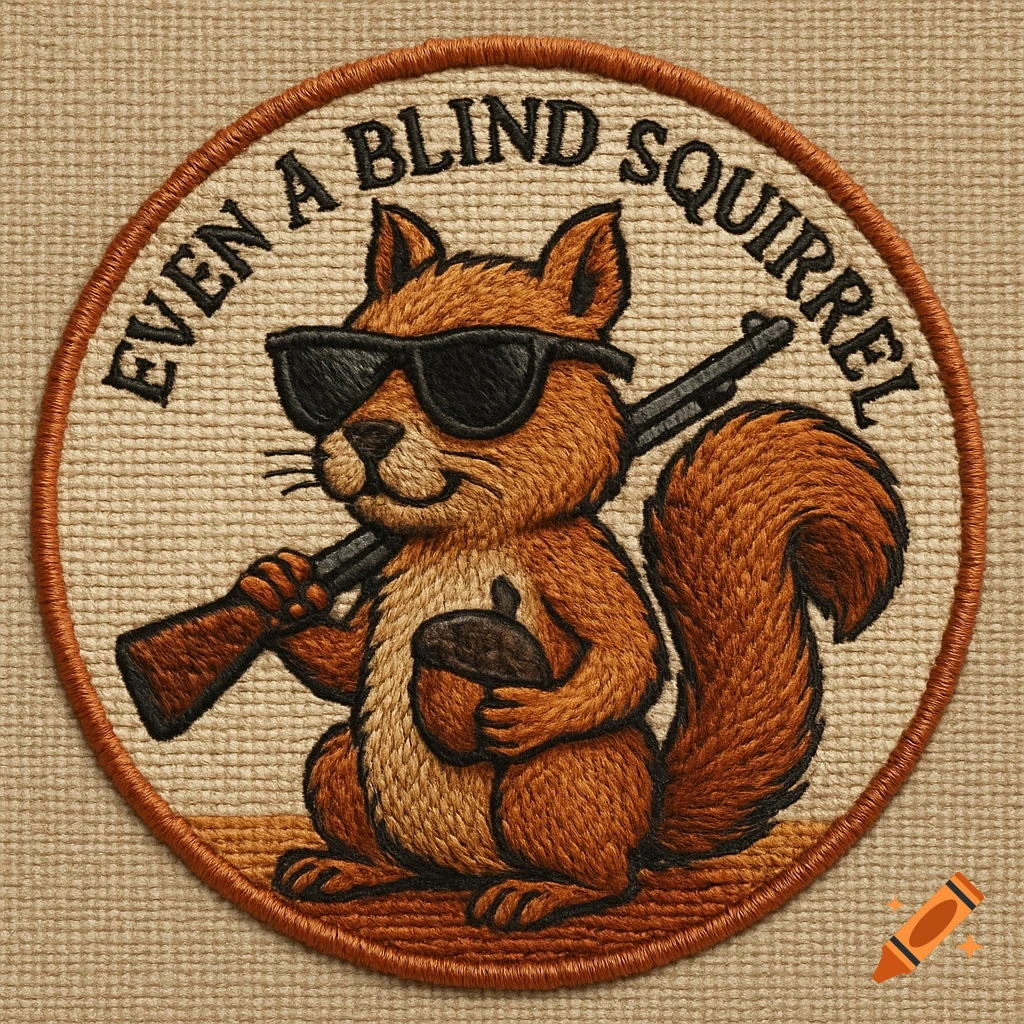 Embroidered patch of a squirrel in sunglasses holding a rifle and an acorn, with the text 'Even A Blind Squirrel' around the edge.
