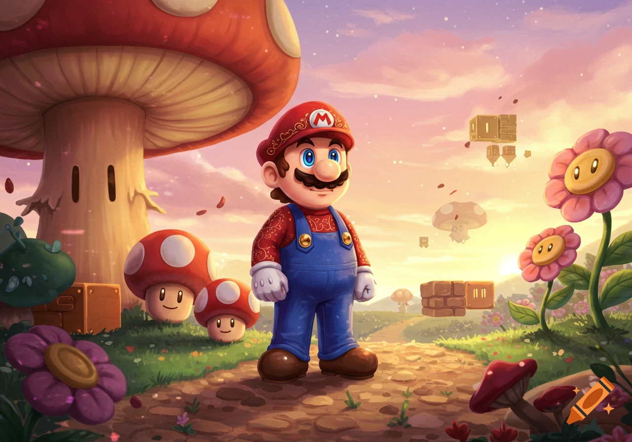 Mario stands on a path in a vibrant mushroom kingdom with large mushrooms, colorful flowers, and floating blocks under a sunset sky.