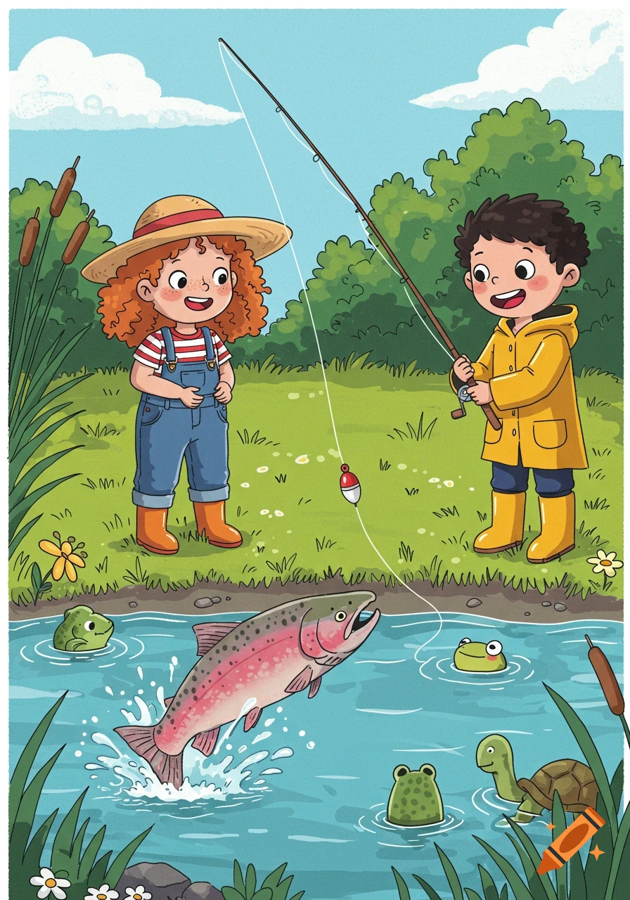 A happy cartoony boy and girl fishing in a river where a salmon jumps out of the water, with frogs and a turtle.