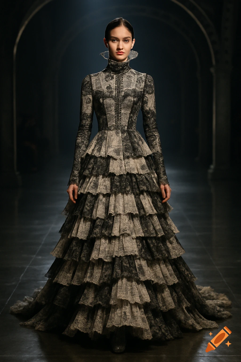 A model in a dramatic, floor-length, high-collared haute couture gown made of patterned fabric resembling newspaper and lace, standing in a dark, arched hall.