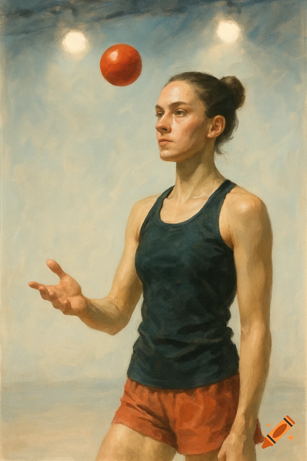 Painterly image of a woman in athletic wear practicing a 1-ball exercise, looking at a red ball above her outstretched hand.