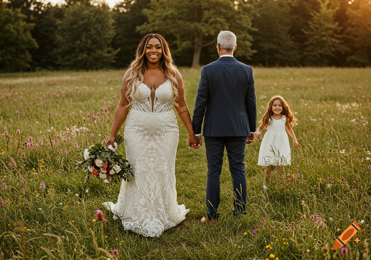 A diverse wedding couple holding hands and a child walk through a sunny wildflower field, trees in background.