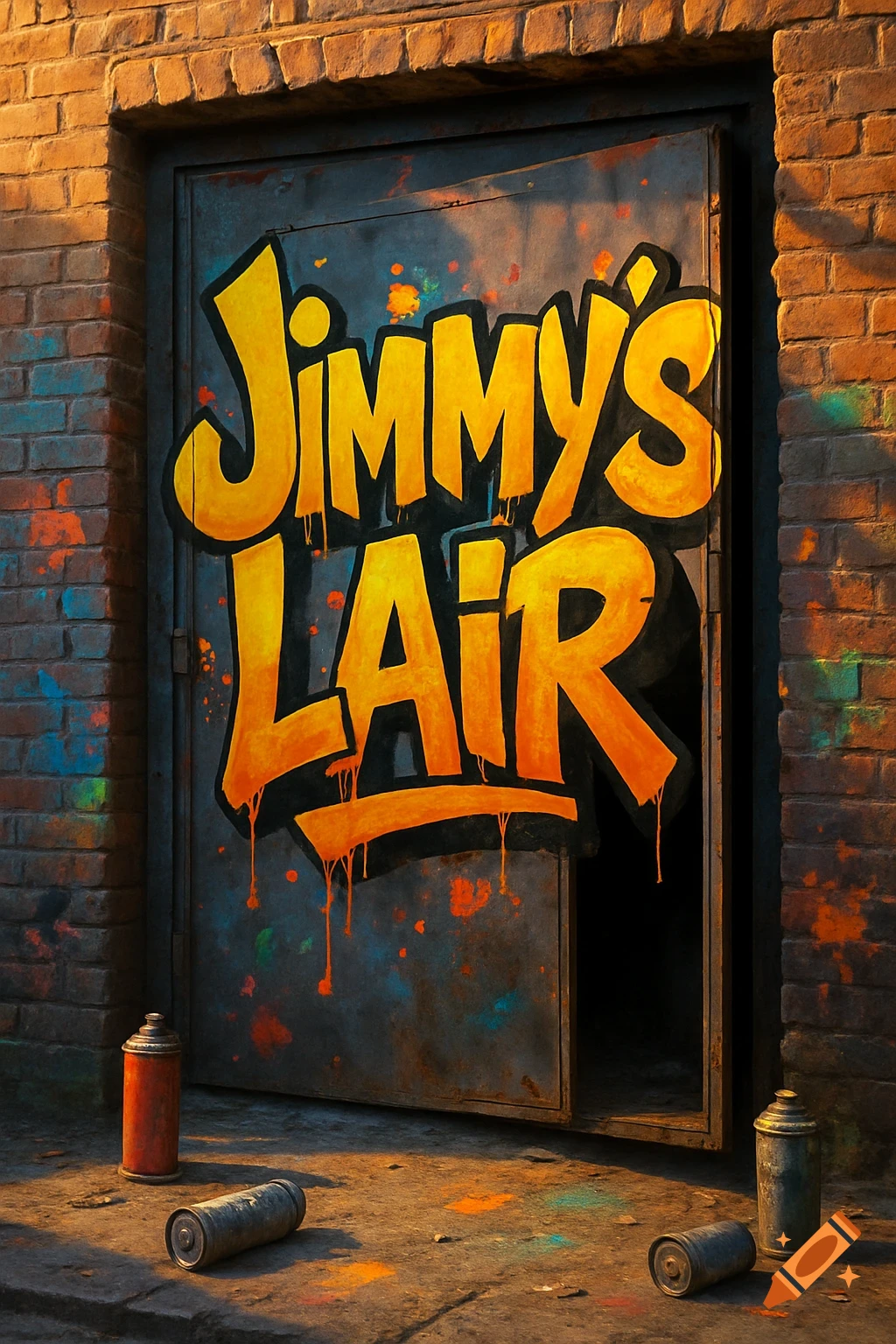 Graffiti art of "Jimmy's Lair" in yellow and orange on a metal door with brick walls and spray paint cans on the ground.