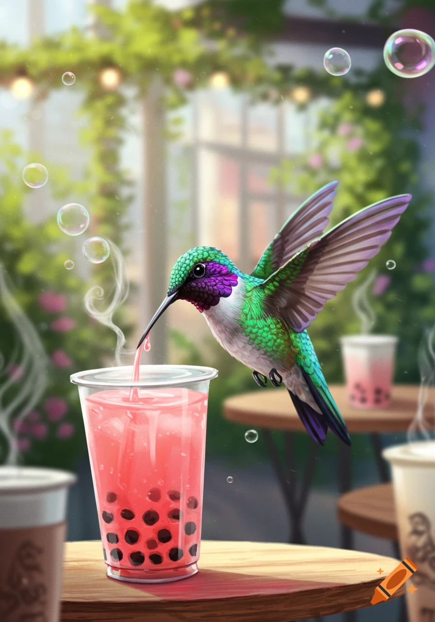 A vibrant hummingbird hovers, drinking pink bubble tea with boba from a clear cup on a wooden table in an outdoor cafe setting with bubbles floating.