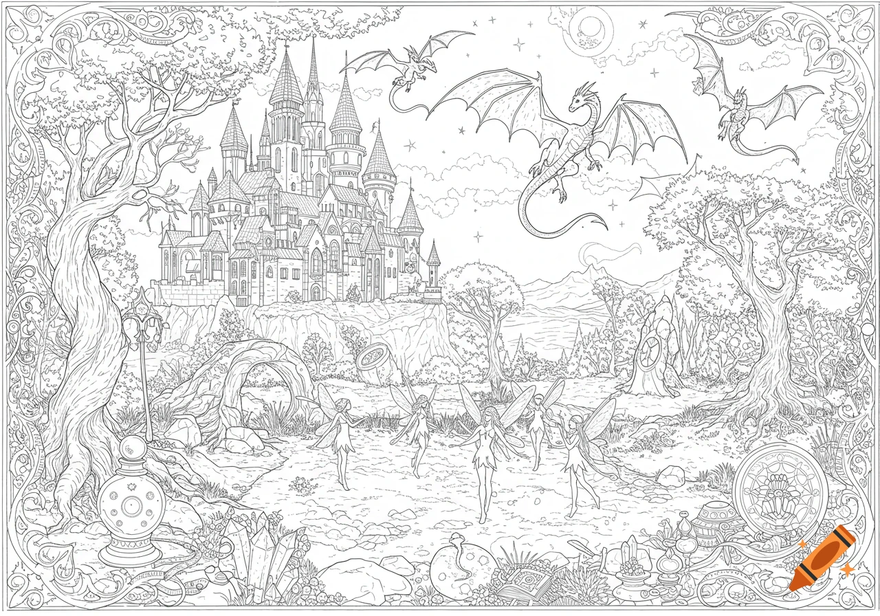 Black and white line art fantasy scene with a castle, flying dragons, fairies, and magical objects in an enchanted forest.