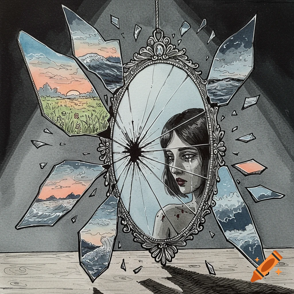 Inktober style illustration of a crying woman's reflection in a broken ornate mirror, surrounded by fragments showing landscapes.
