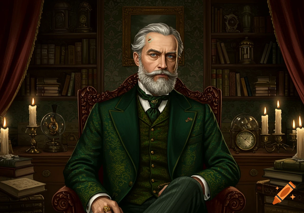 A serious, grey-haired man with a white beard, wearing a patterned green suit, sits in a dark, ornate study filled with books and candles.