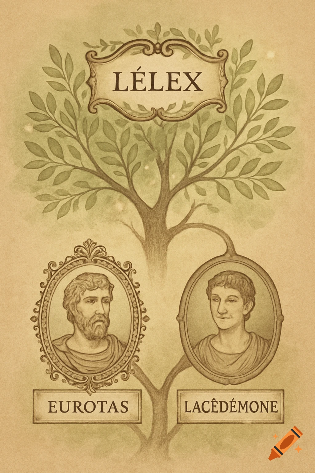 An illustrated genealogical tree showing three ancestral figures: Lélex, Eurotas, and Lacédémone, in an old paper style.