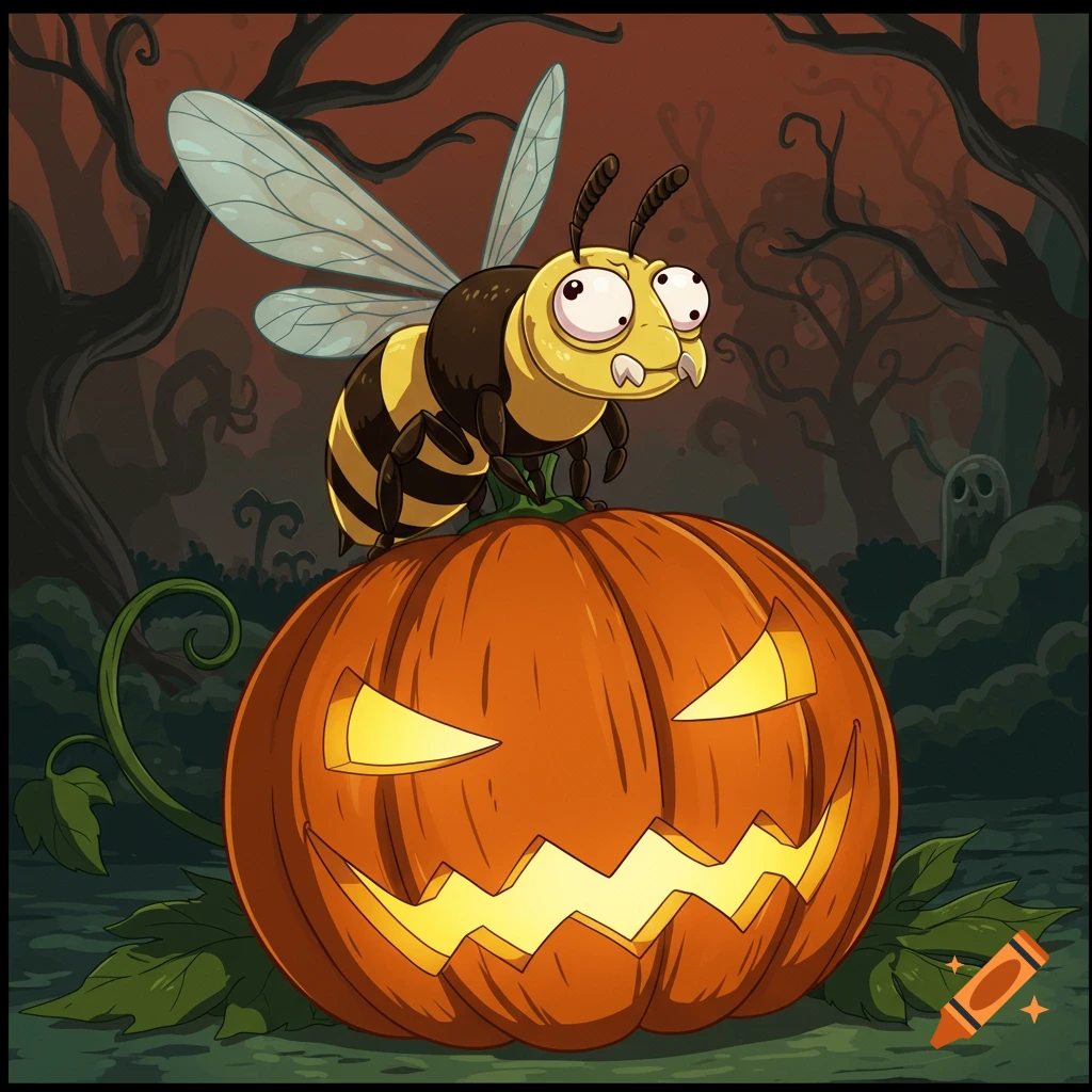 A cartoon bee with large eyes perches on a glowing, grinning jack-o-lantern in a spooky dark forest.
