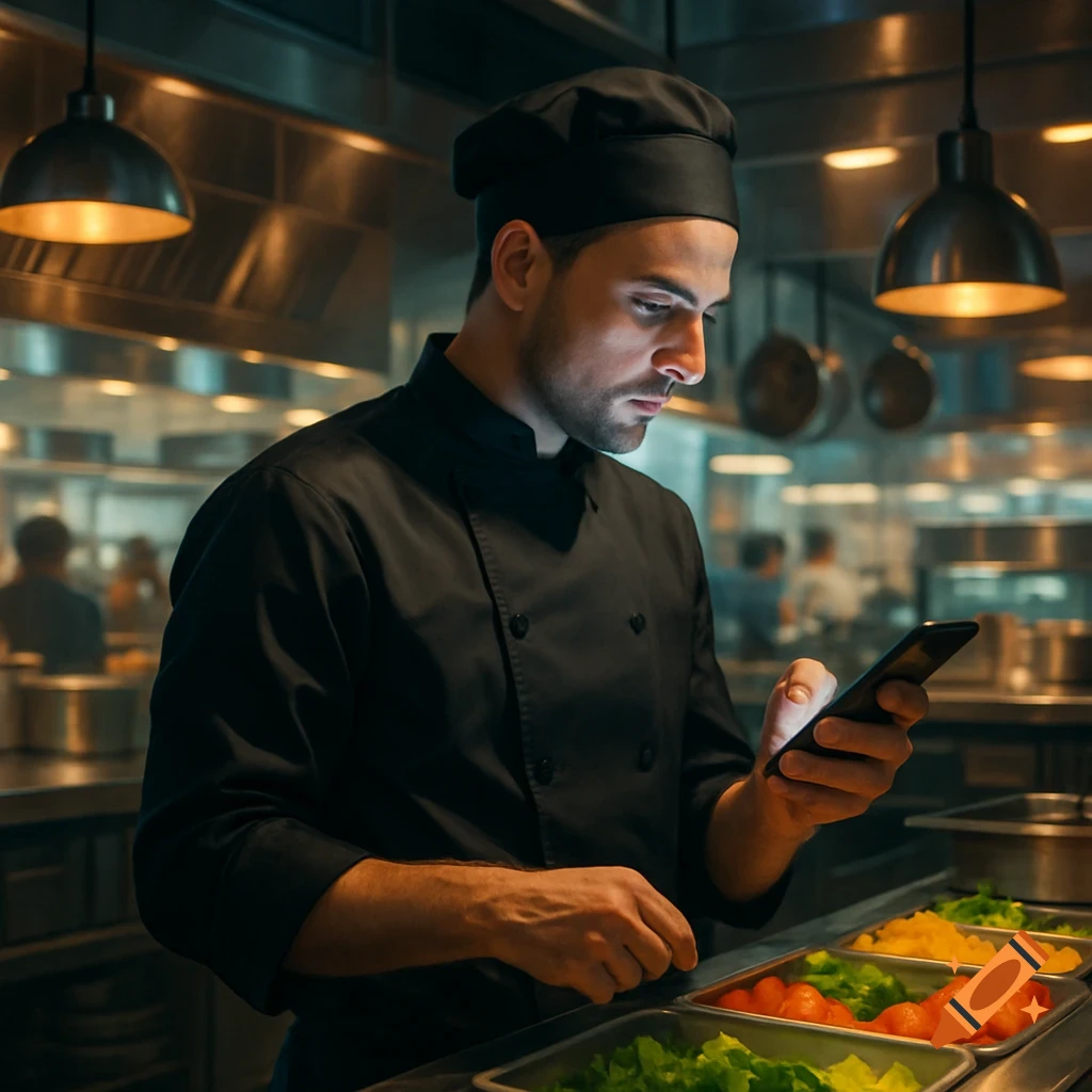 A male chef in black uniform and cap checks his smartphone in a busy commercial kitchen with food trays.