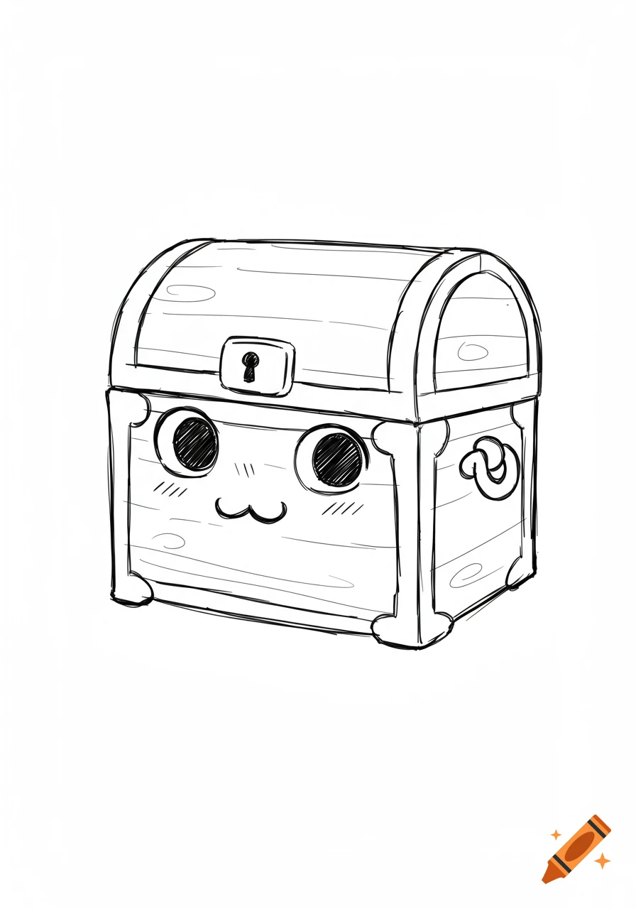 Cute black line art sketch of an anthropomorphic chest mimic with big eyes.