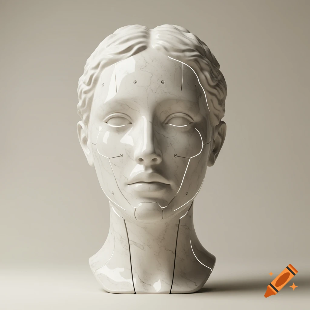 White marble head sculpture in ancient Greek style, featuring futuristic glowing lines and robotic details.
