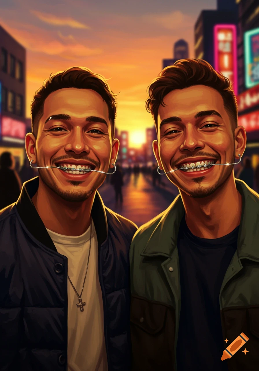 Two smiling men with braces stand on an urban street at sunset in a digital painting.
