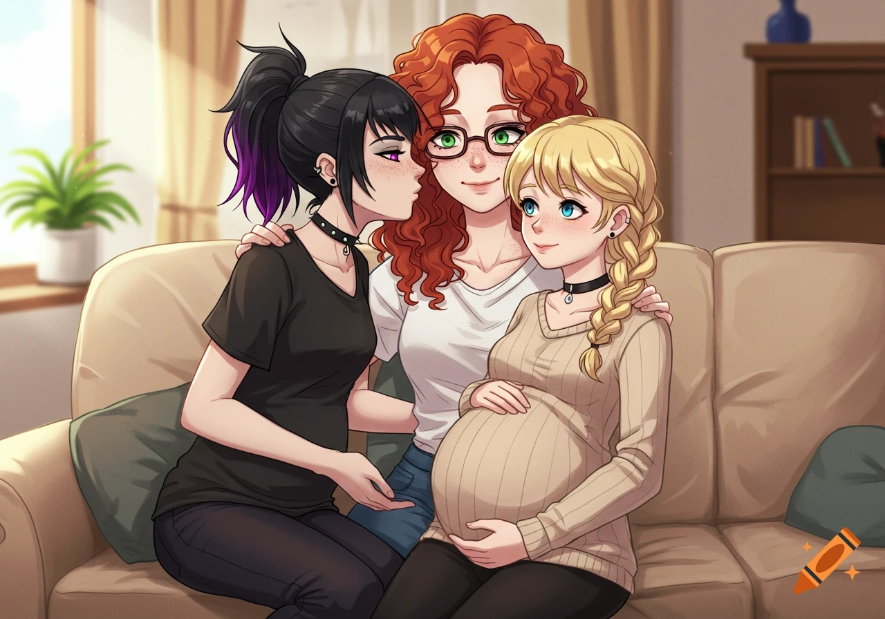 Three anime women on a couch, one with red curly hair and glasses, one with black hair and purple highlights, and one blonde with a braid and a large baby bump.