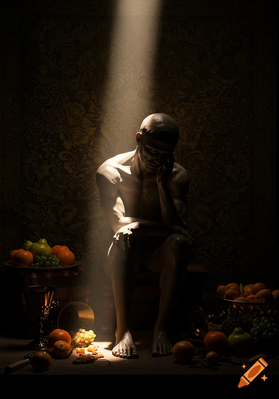 A bald, muscular man sits pondering in dramatic chiaroscuro lighting, surrounded by fruit still life.