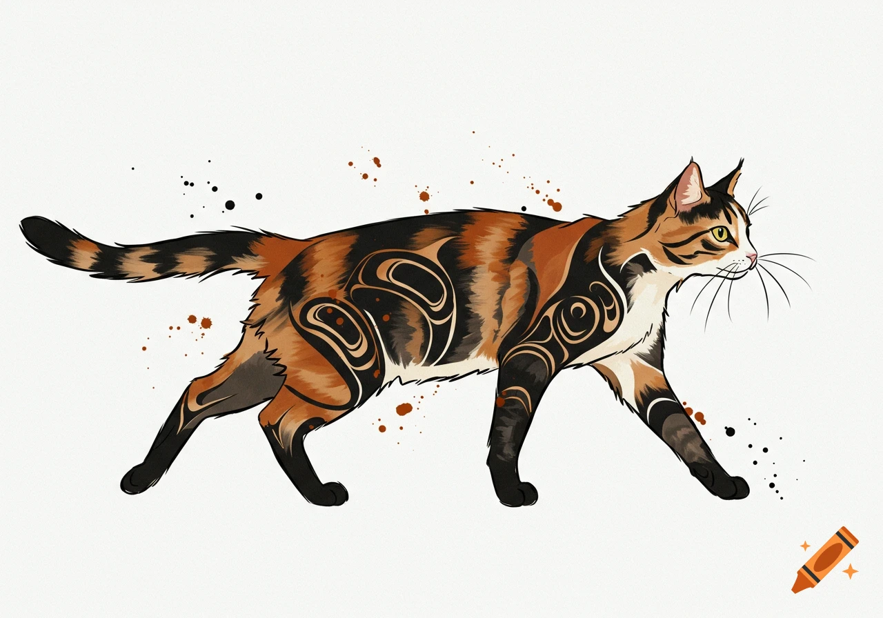 Stylized calico cat with indigenous-inspired patterns on its fur, walking on a white background.