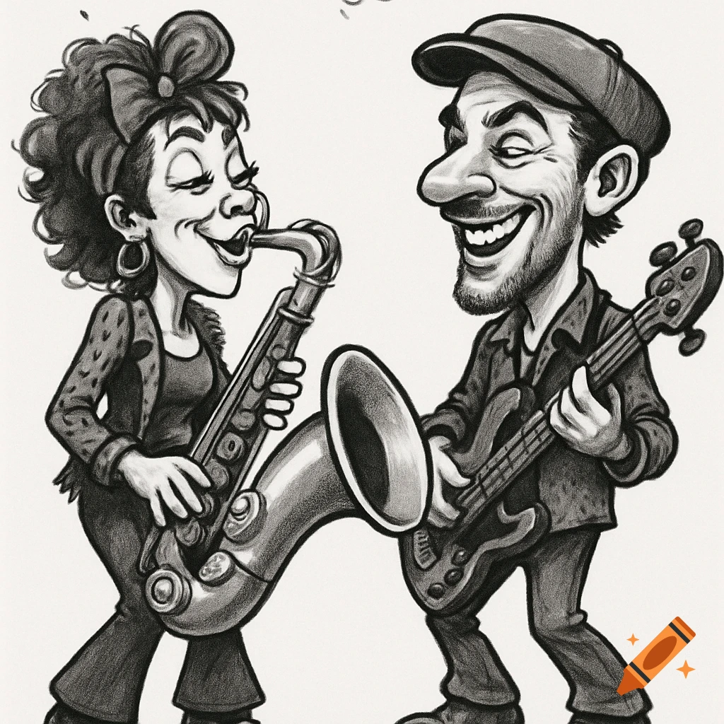 Black and white caricature of two happy musicians, a woman playing an oversized saxophone and a man playing an oversized bass guitar.