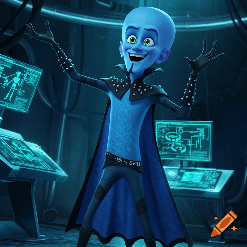 Megamind, the blue-skinned supervillain, stands in his lair with arms wide, wearing a black studded collar and belt that reads "EVIL!" in a cartoon style.