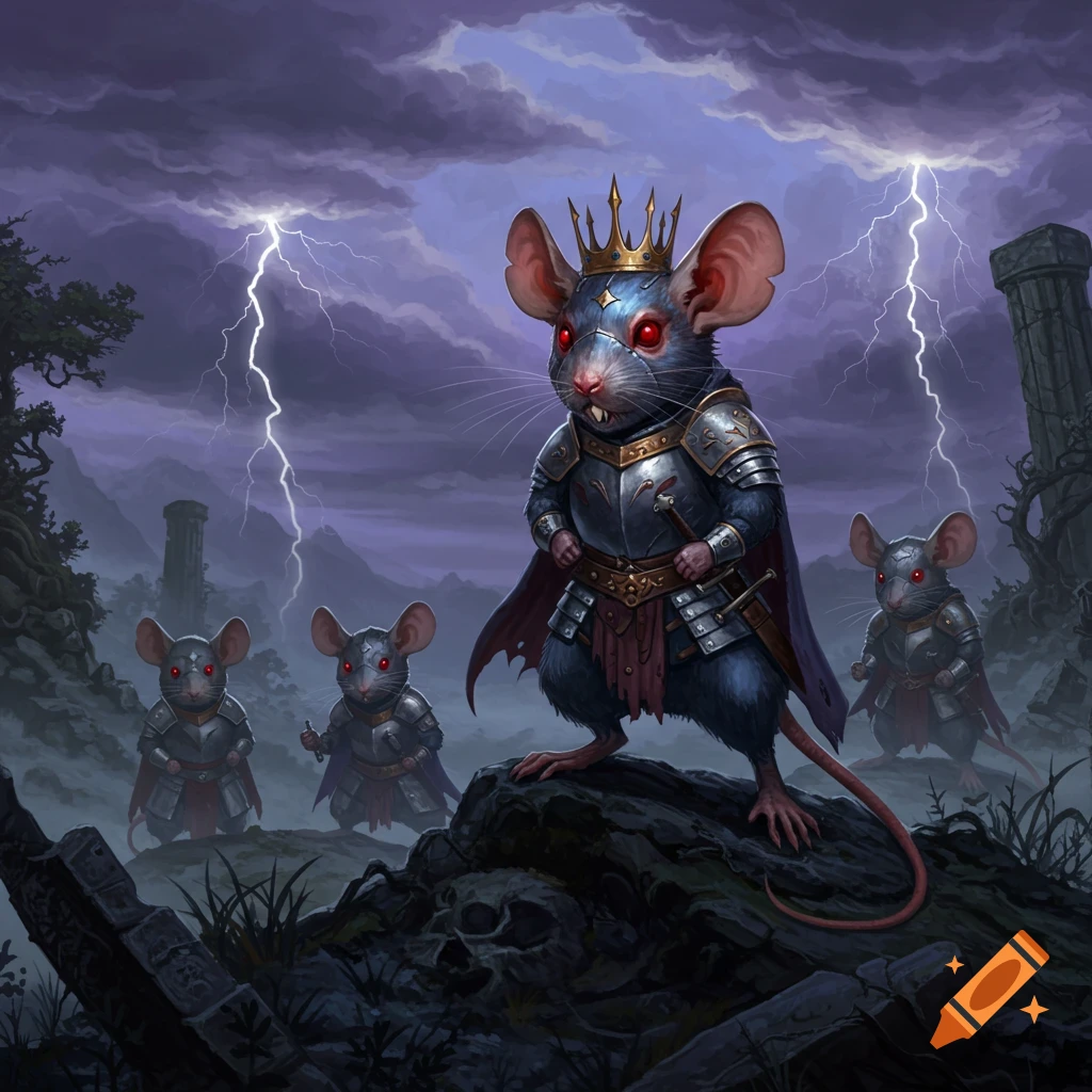 A rat king in full armor with glowing red eyes stands on a rocky outcrop under a stormy, lightning-filled sky, flanked by three armored rat soldiers.