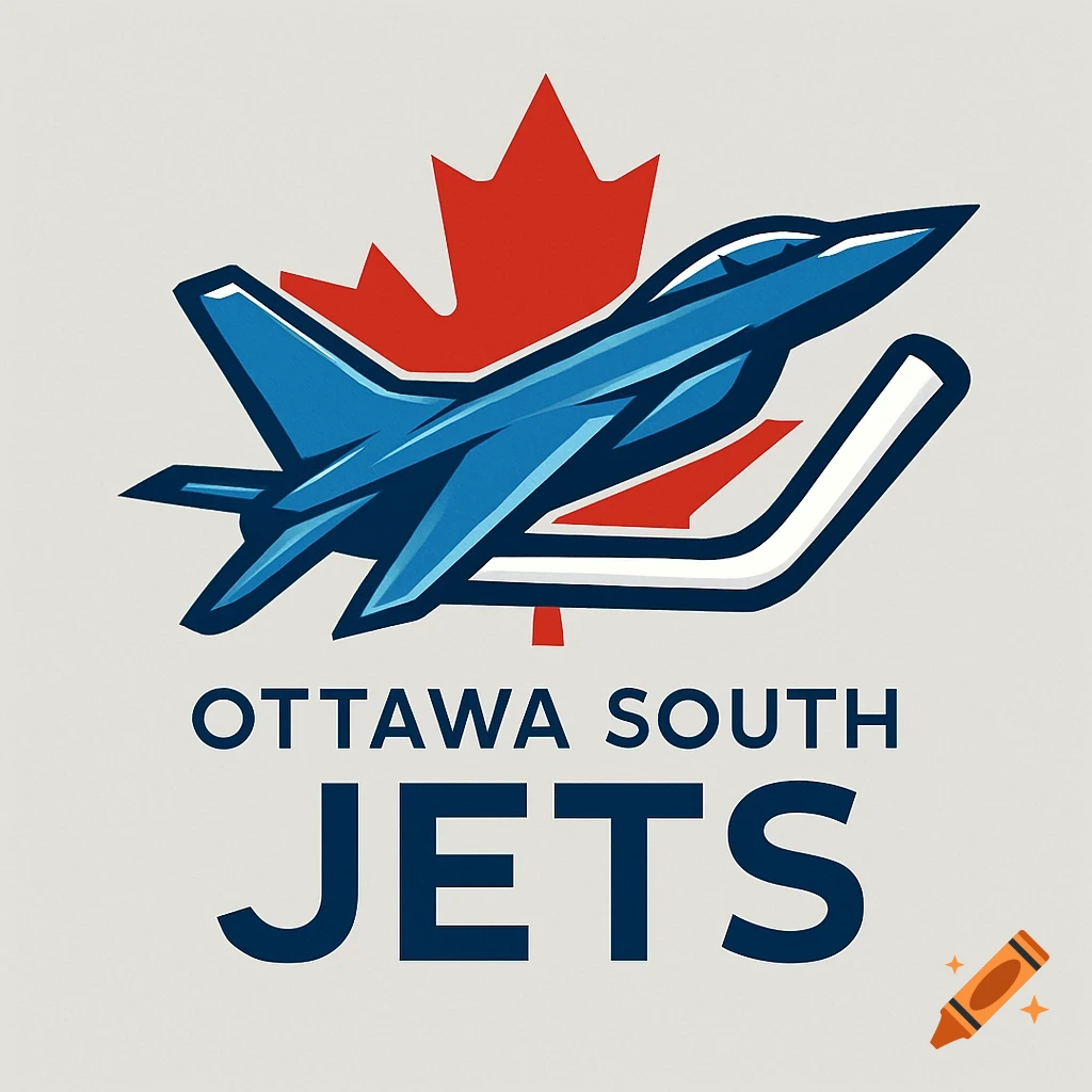A stylized logo featuring a blue fighter jet, a red Canadian maple leaf, a white hockey stick, and the text "OTTAWA SOUTH JETS".