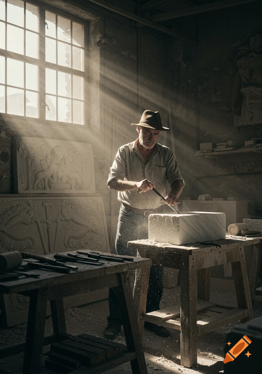 A man in a hat carves a marble block in a sunlit, dusty workshop, surrounded by tools and finished carvings. Photorealistic.