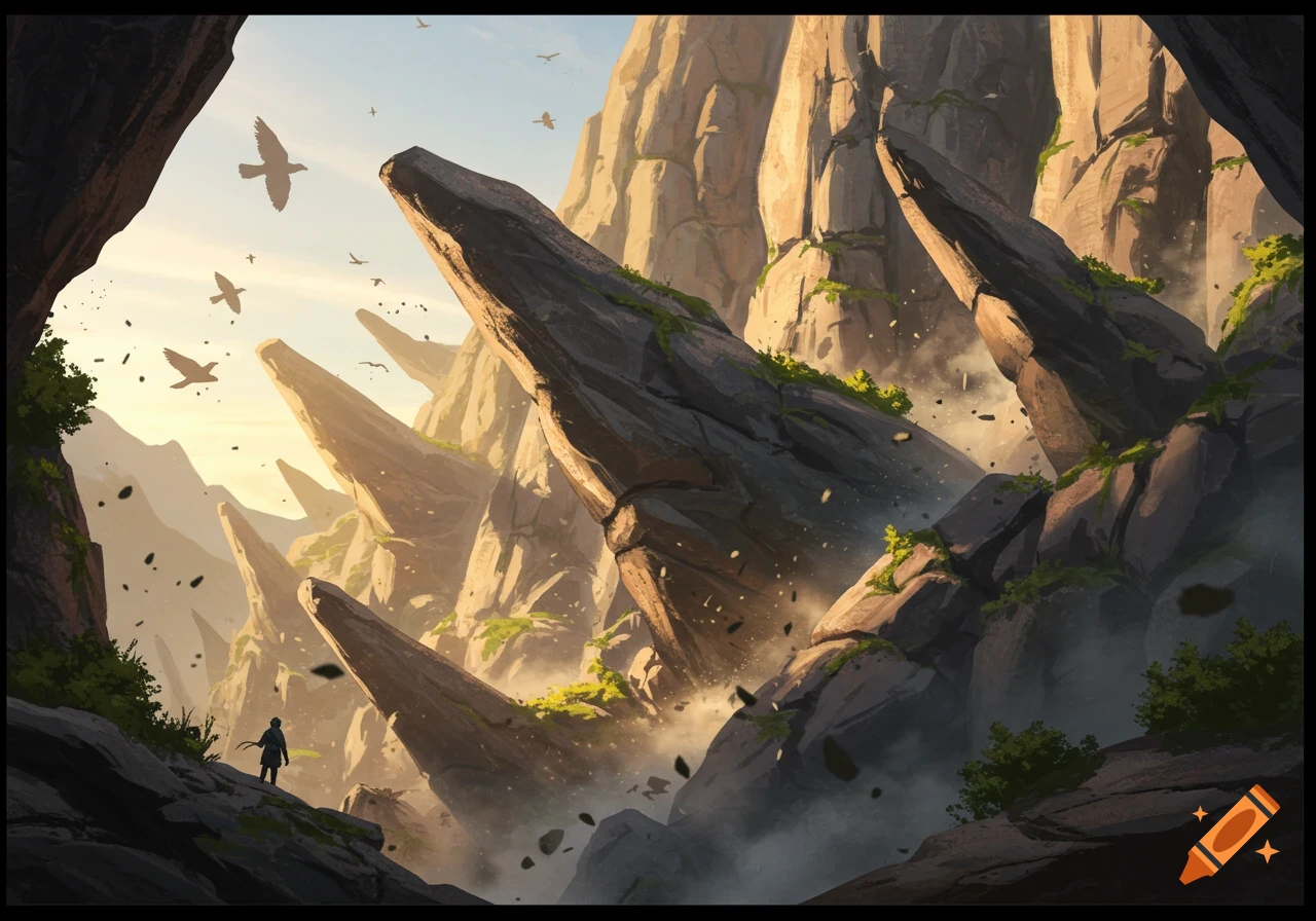 A stylized fantasy landscape featuring towering, bird-like rock formations, a small figure, and birds in a misty valley at sunset.