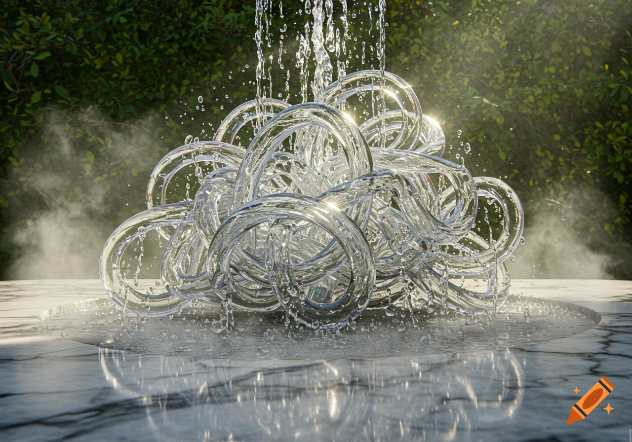 Photorealistic fountain of clear, intertwined tubes splashing water onto a marble surface, with a green leafy background.