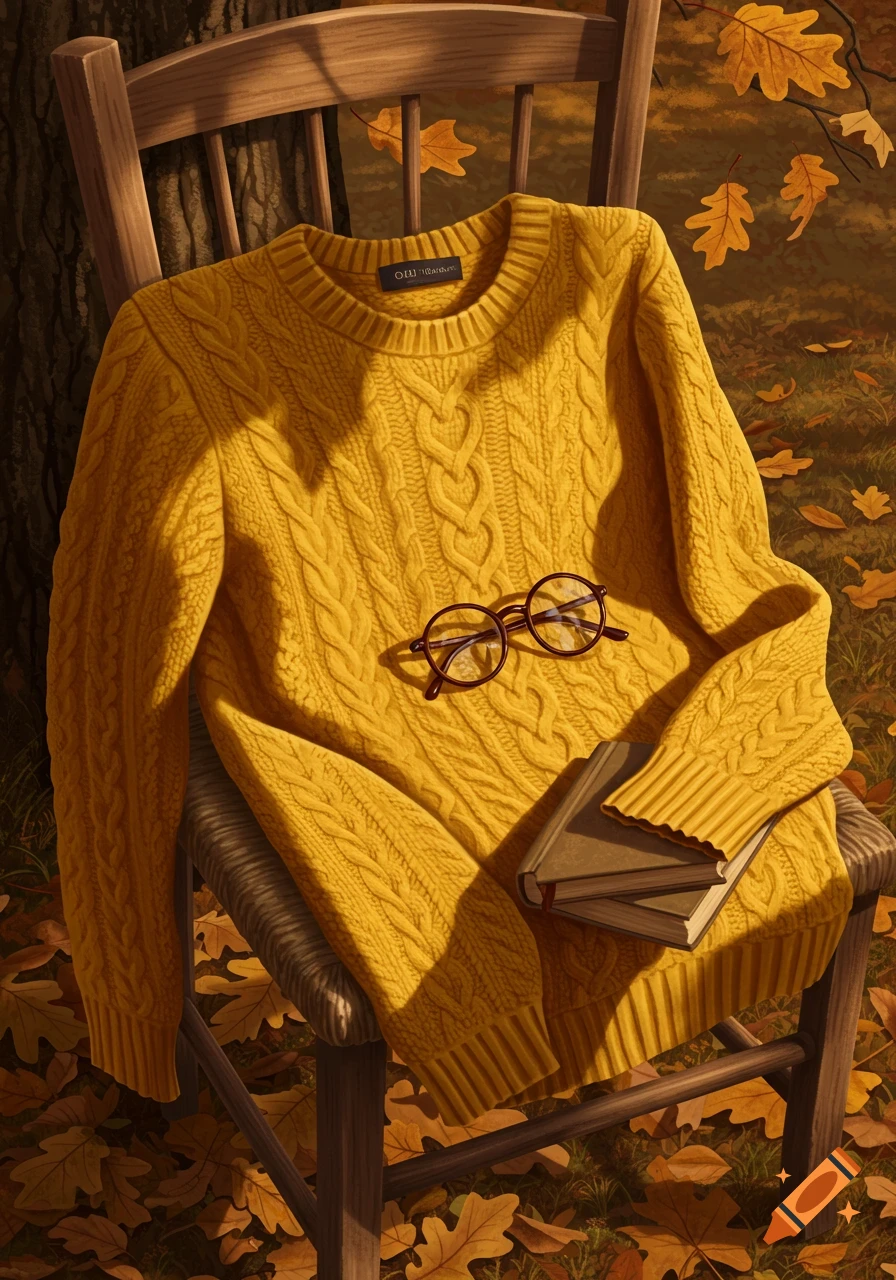 A yellow cable-knit sweater, reading glasses, and books on a wooden chair amidst fallen autumn leaves.