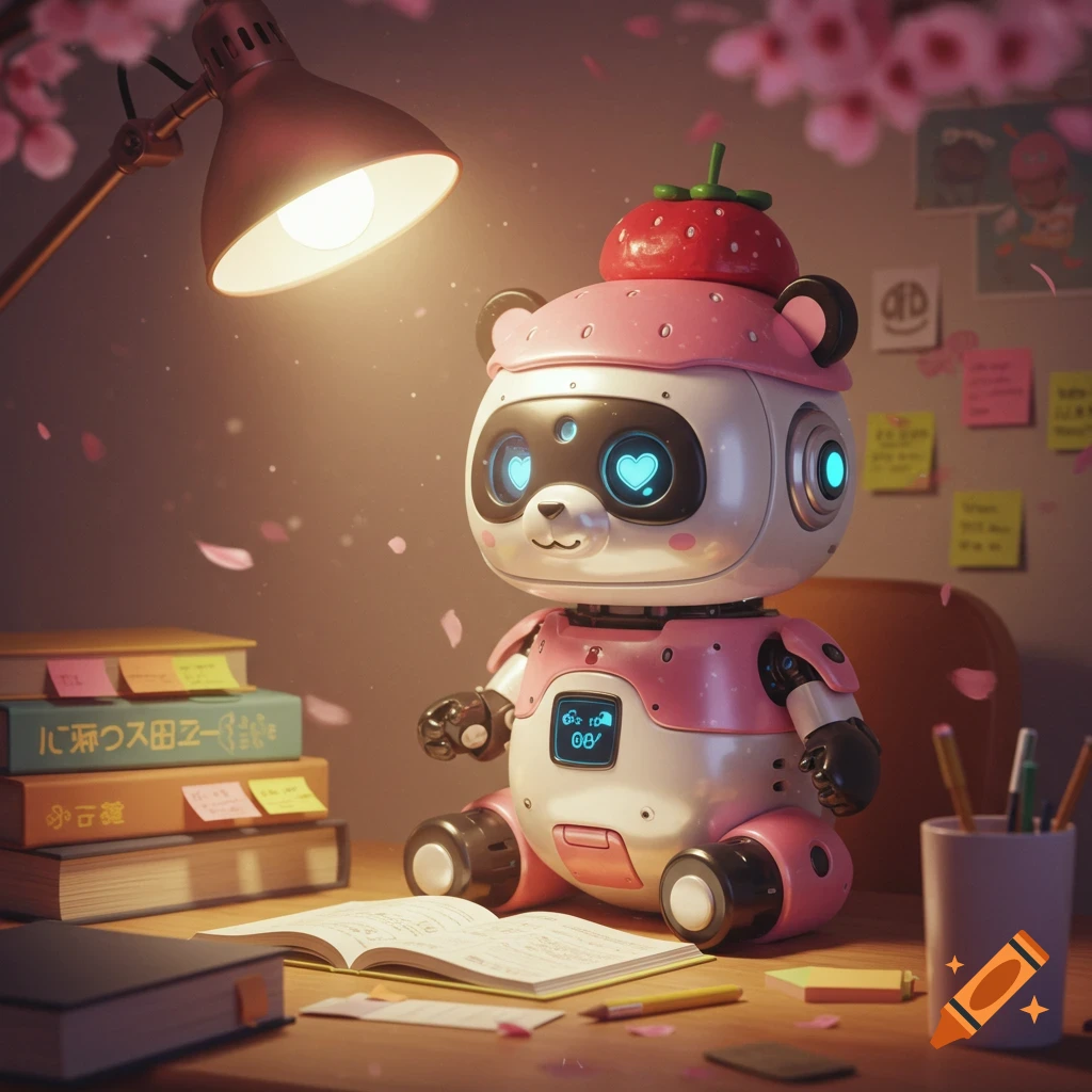 A cute pink and white panda robot wearing a strawberry hat sits at a desk with an open book, under a desk lamp, with falling cherry blossoms.