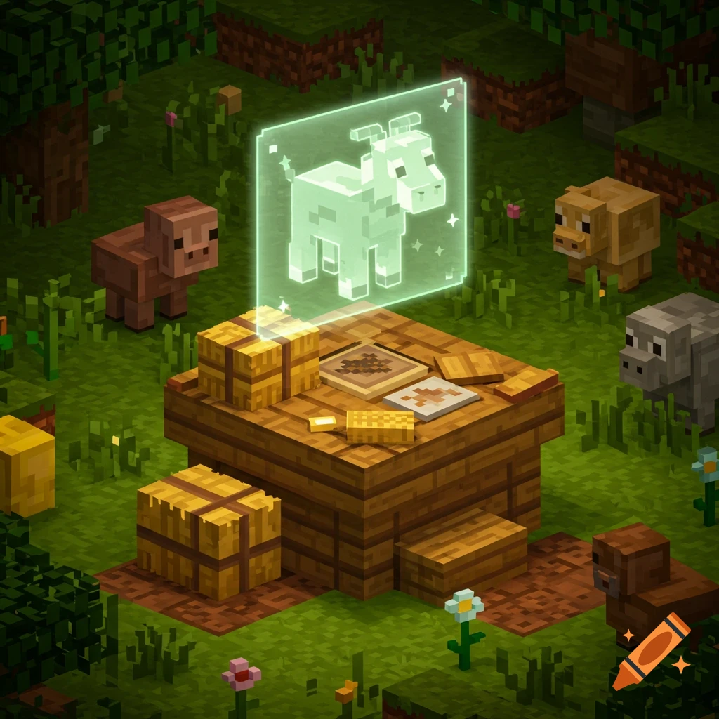 A Minecraft-style scene with a crafting table and hay bales. A glowing holographic goat is above the table, surrounded by blocky pig and cow creatures in a grassy, blocky world.