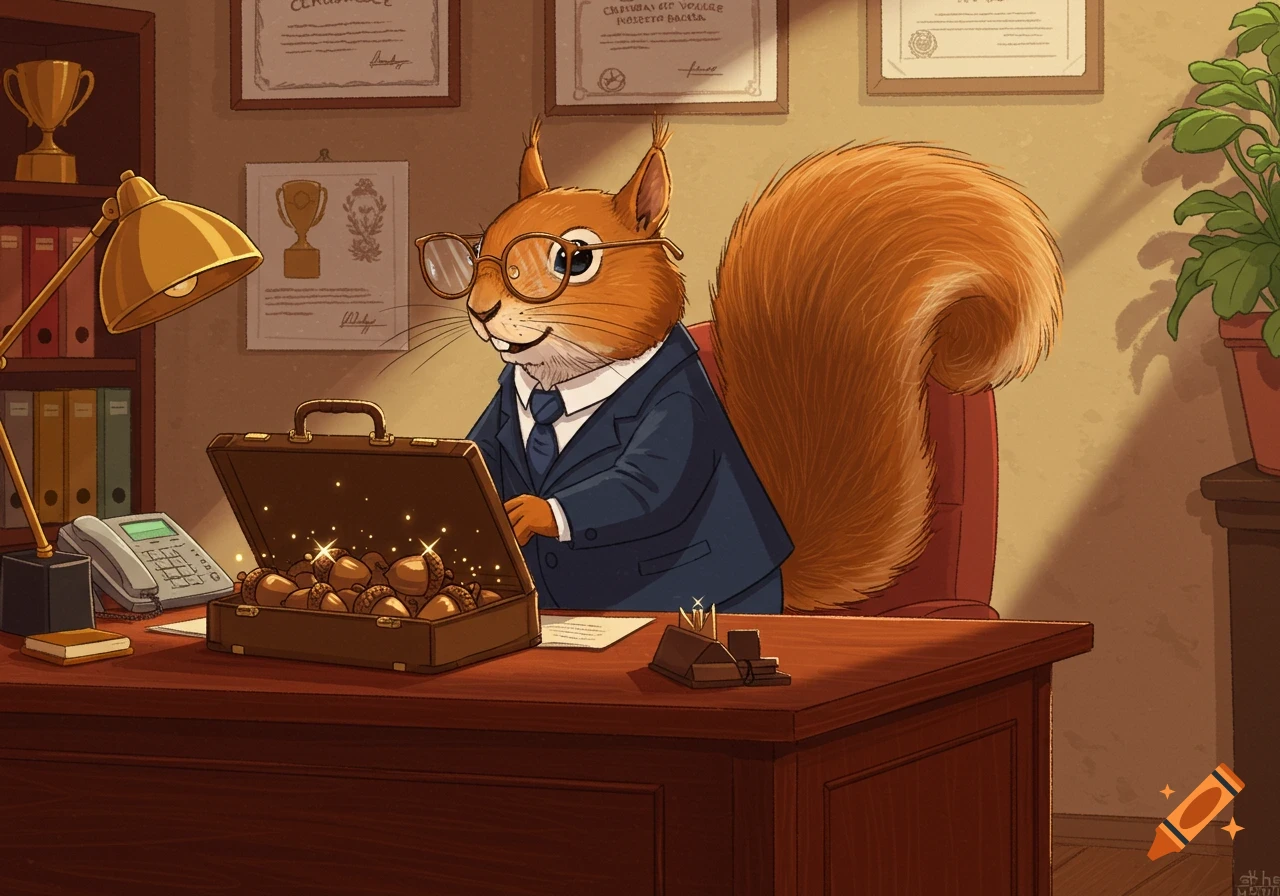 Cartoon squirrel in a business suit and glasses at an office desk, looking at an open briefcase filled with glowing acorns.