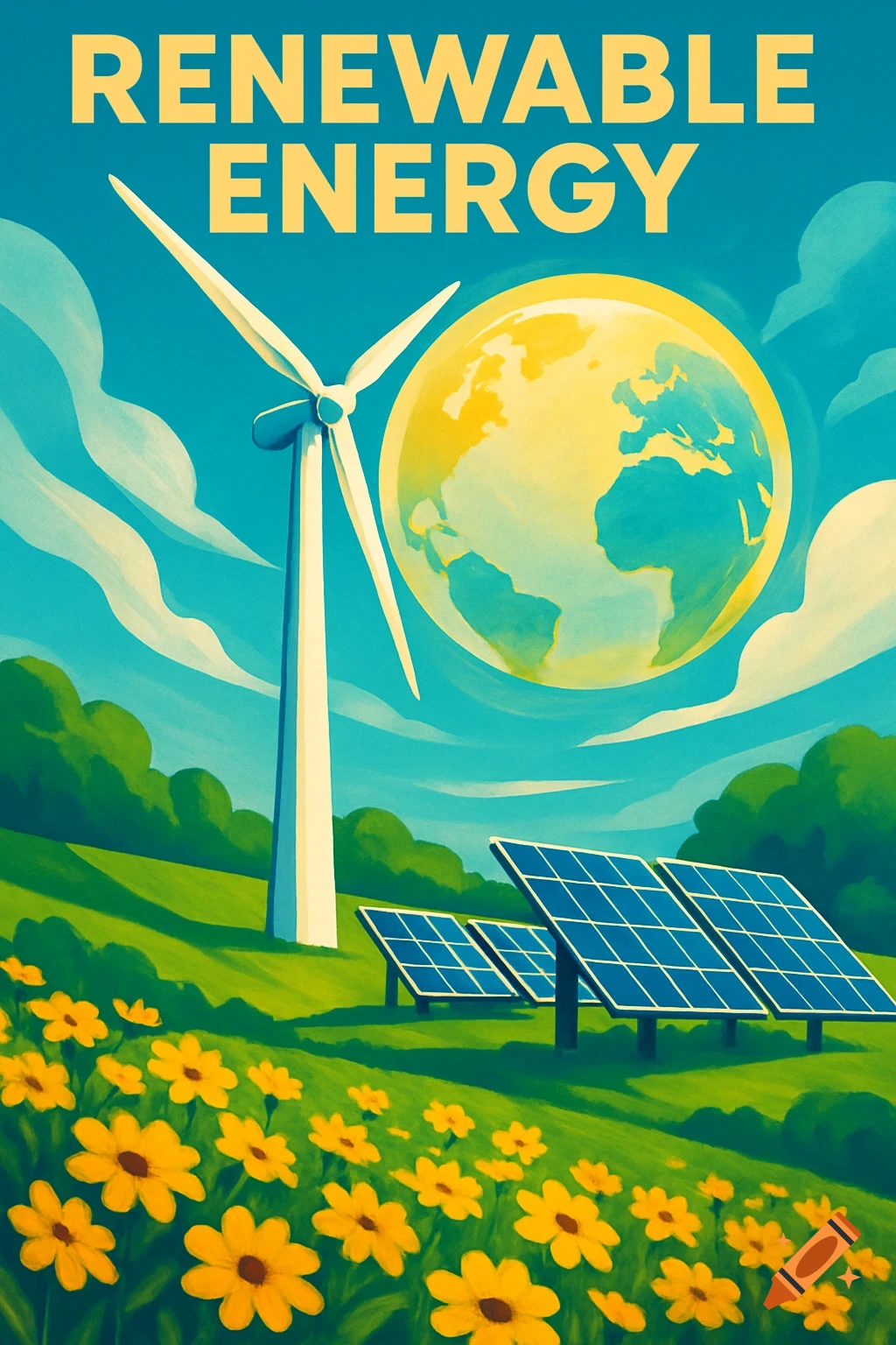 Digital poster with a wind turbine, solar panels, Earth in the sky, and yellow flowers in a green field, with text "RENEWABLE ENERGY".