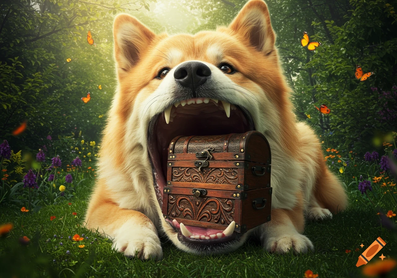 A fluffy, light brown dog with its mouth wide open, holding a wooden treasure chest, lies in a lush forest with colorful wildflowers and butterflies.